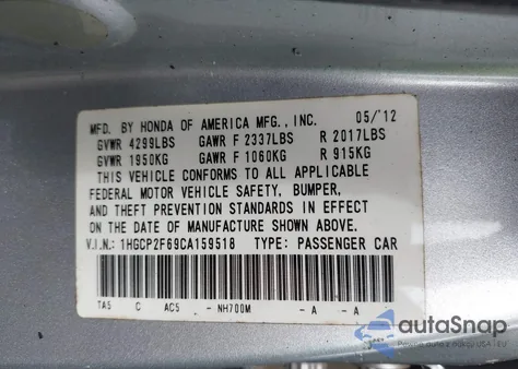 2012 Honda Accord 2.4 Se from USA, damaged, VIN 1HGCP2F69CA159518